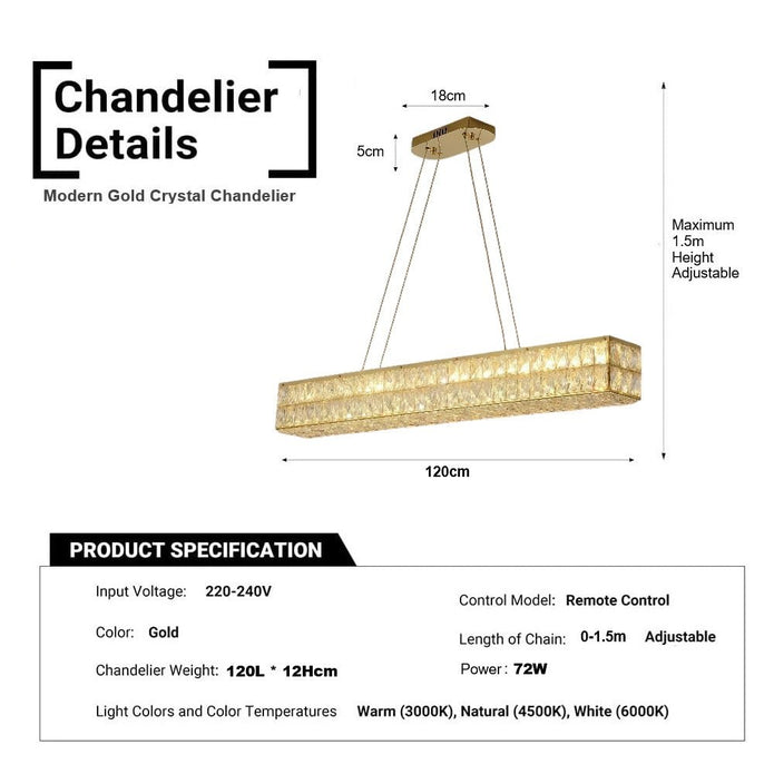Linear crystal chandelier above a kitchen island