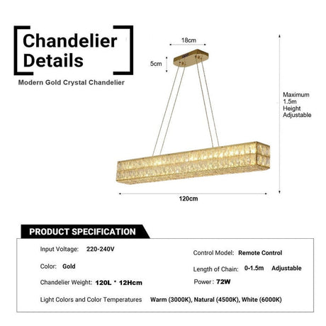Linear crystal chandelier above a kitchen island