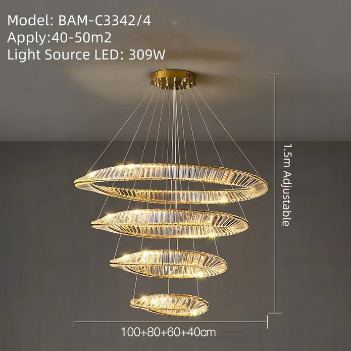 Modern gold crystal wave four ring LED chandelier