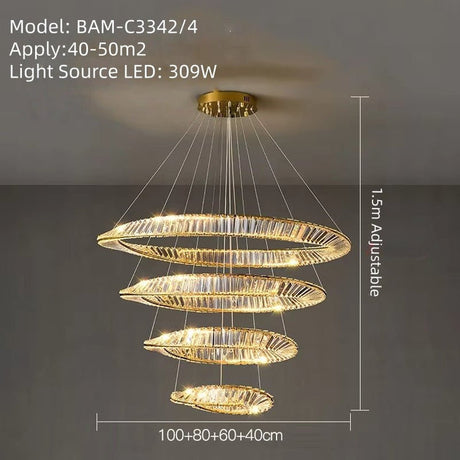 Modern gold crystal wave four ring LED chandelier