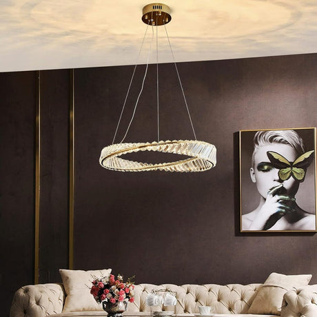 Gold ring chandelier with integrated LED light strip