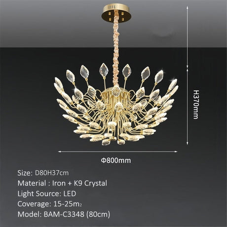 Modern gold crystal leaf LED chandelier 80 x 37cm