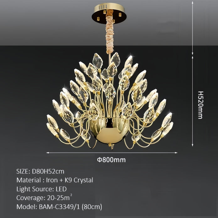 Modern luxury gold crystal leaf LED pendant chandelier, 60 cm