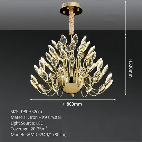 Modern luxury gold crystal leaf LED pendant chandelier, 60 cm
