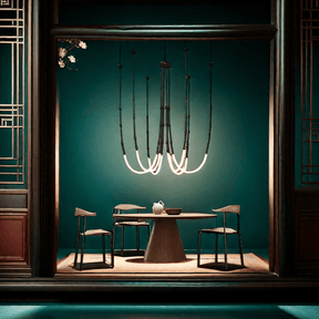 Vernazza black slender retro pendant cluster of six lights over a dining table