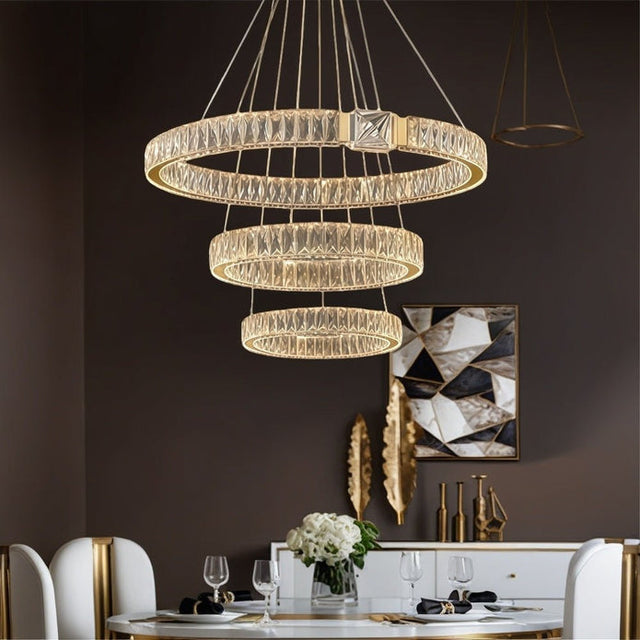 Modern gold 3 ring crystal LED pendant chandelier, 80 60 40 cm