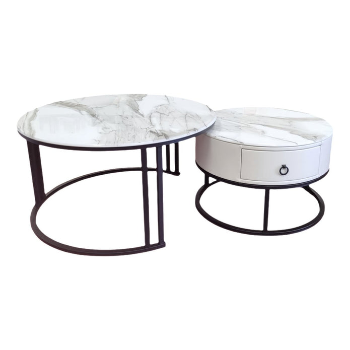 Yarrambat white marble and black stone coffee table in a modern living room