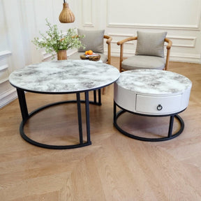 Yarrambat veined marble and black stone coffee table in a modern living room