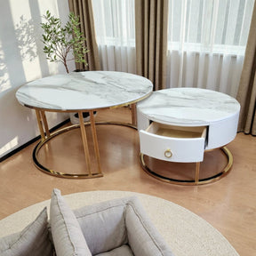 Yarrambat white marble and gold stone coffee table in a modern living room