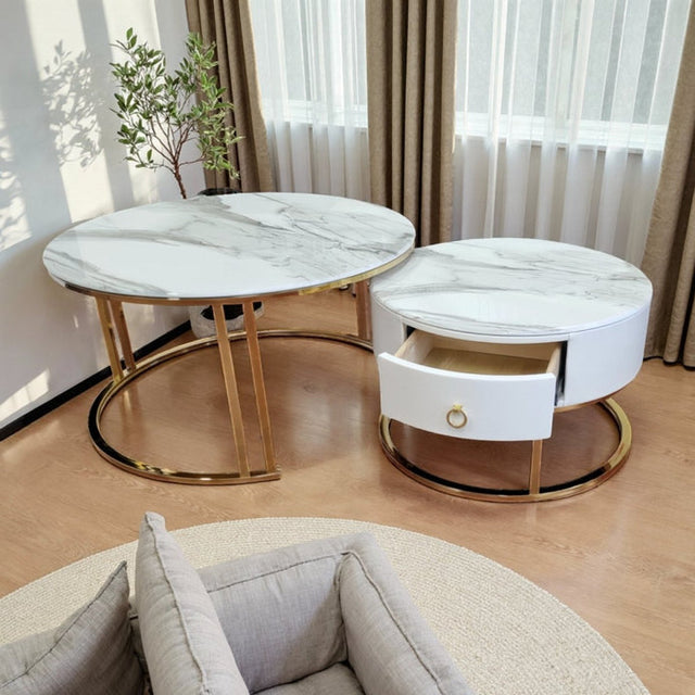 Yarrambat white marble and gold stone coffee table in a modern living room