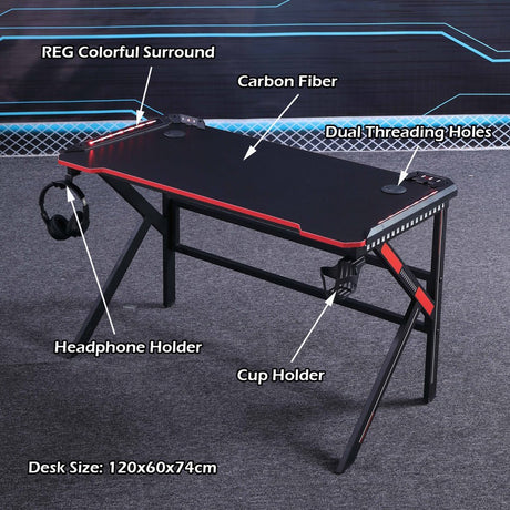 K-Shape Gaming Desk with RGB Lighting Carbon Fibre Surface 100kg Capacity 120cm or 140cm — Allure Home Collections