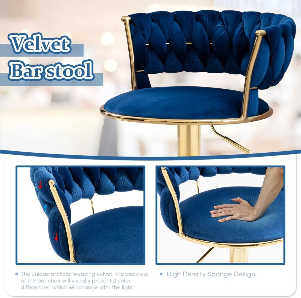 Velvet bar stool seat close-up showing padded upholstery — Allure Home Collections