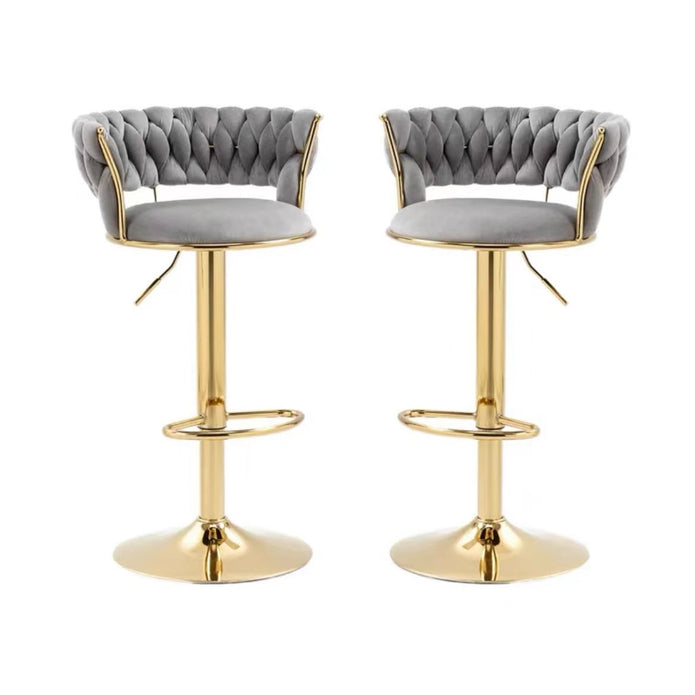 Pair of velvet padded bar stools styled at kitchen breakfast bar — Allure Home Collections