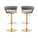 Pair of velvet padded bar stools styled at kitchen breakfast bar — Allure Home Collections