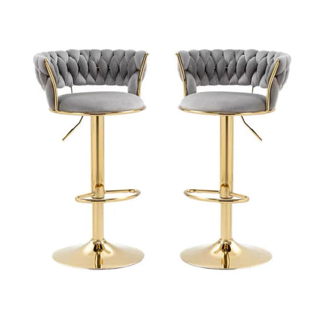 Pair of velvet padded bar stools styled at kitchen breakfast bar — Allure Home Collections