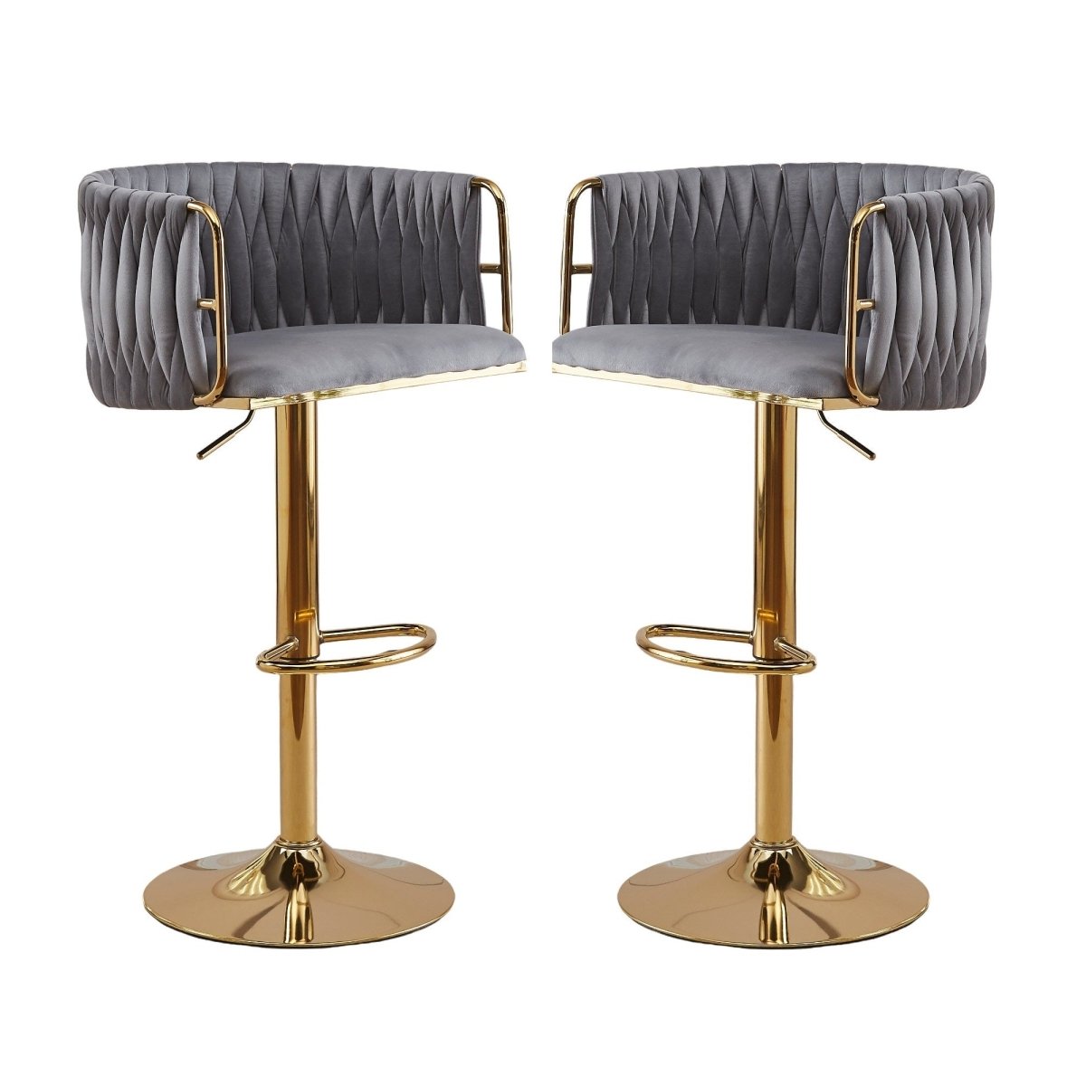Pair of velvet swivel bar stools with gold round base styled at kitchen island — Allure Home Collections
