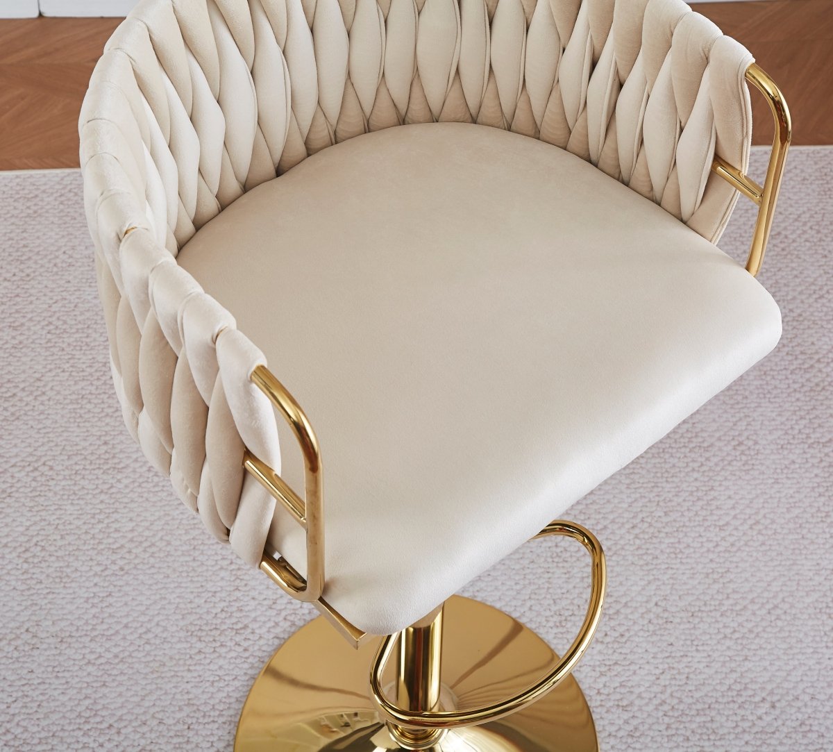 Velvet bar stool seat close-up showing padded finish and swivel mechanism — Allure Home Collections