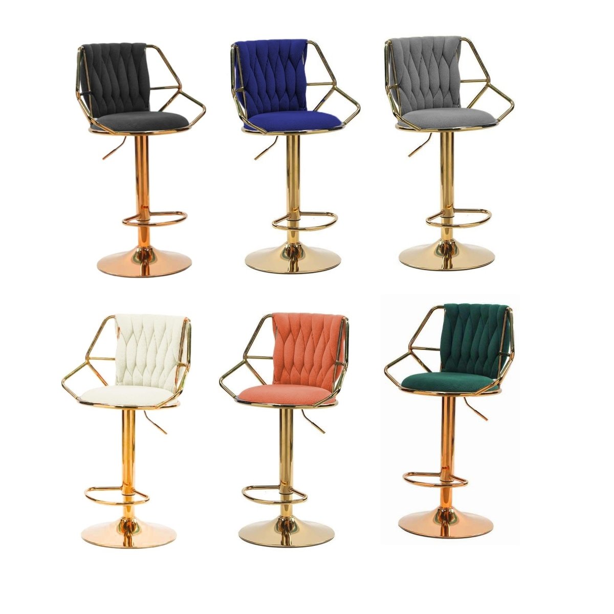 Velvet bar stool showing full backrest and footrest ring detail — Allure Home Collections