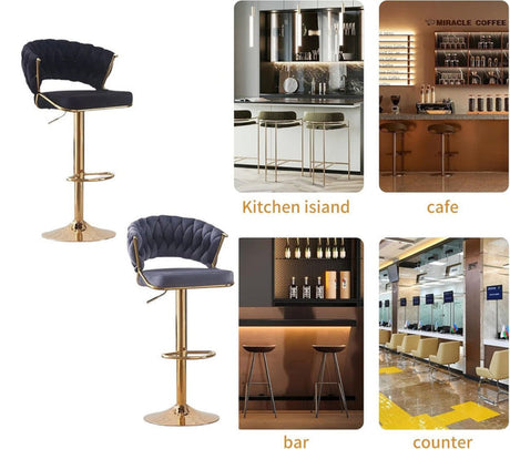Pair of gold base velvet bar stools in contemporary dining setting — Allure Home Collections