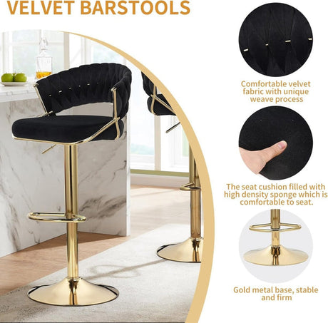 Velvet padded bar stool showing adjustable height and gold gas lift — Allure Home Collections