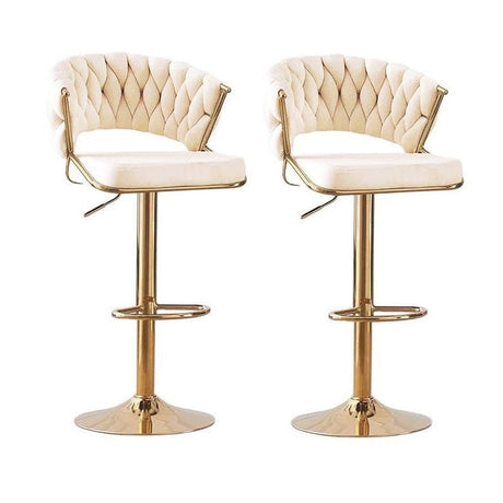 Velvet padded bar stool pair with gold round base for luxury dining and counter seating — Allure Home Collections