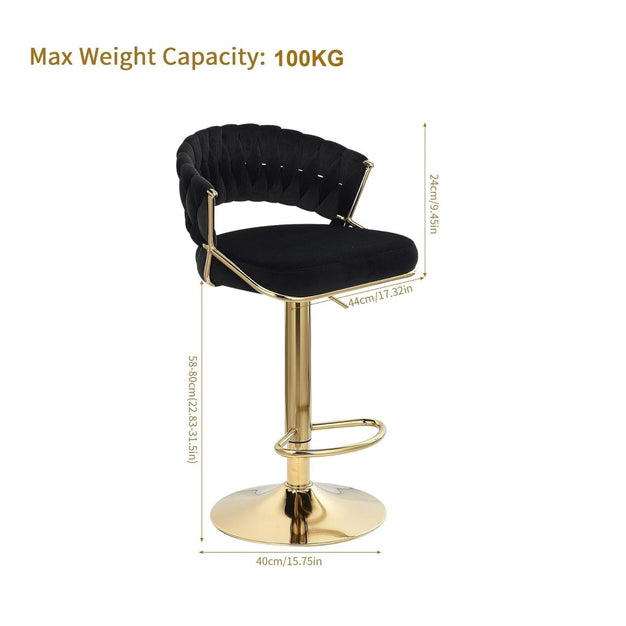 Two velvet bar stools with gold base styled at white marble counter — Allure Home Collections