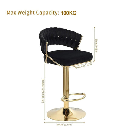 Two velvet bar stools with gold base styled at white marble counter — Allure Home Collections