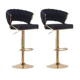 Gold round base and velvet padded seat detail on bar stool — Allure Home Collections