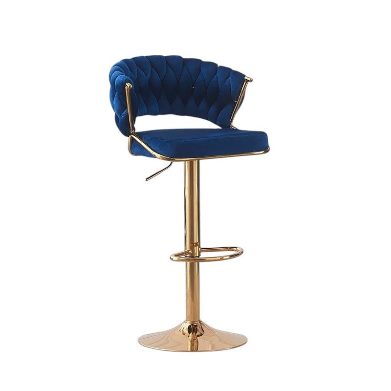 Two velvet padded bar stools at kitchen island showing gold base — Allure Home Collections