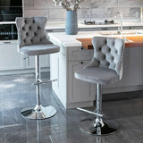 SERENITa grey velvet bar stool button-tufted back and nailhead trim detail — Allure Home Collections