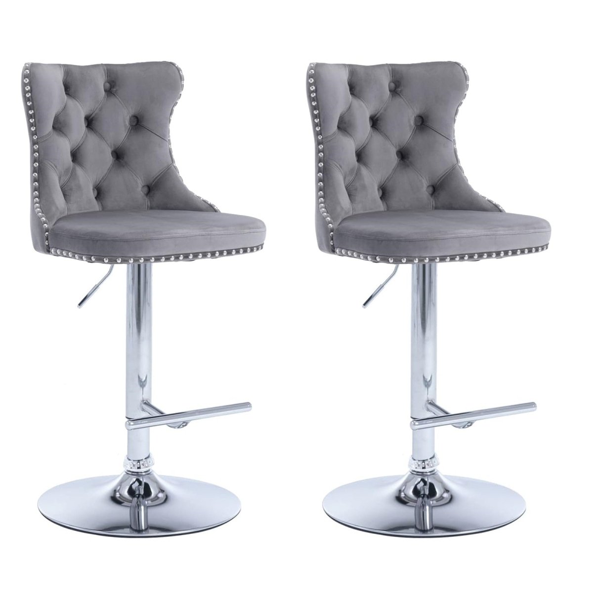 SERENITa grey velvet tufted swivel bar stools set of 2 with nailhead trim and chrome base — Allure Home Collections
