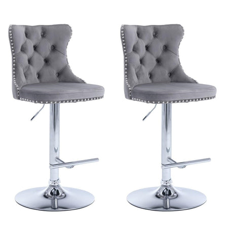 SERENITa grey velvet tufted swivel bar stools set of 2 with nailhead trim and chrome base — Allure Home Collections