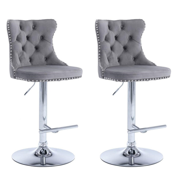 SERENITa grey velvet tufted swivel bar stools set of 2 with nailhead trim and chrome base — Allure Home Collections