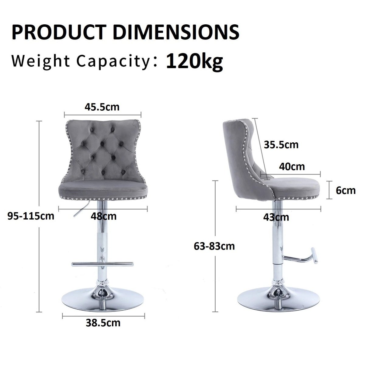 Side profile of SERENITa grey velvet bar stool showing chrome base — Allure Home Collections