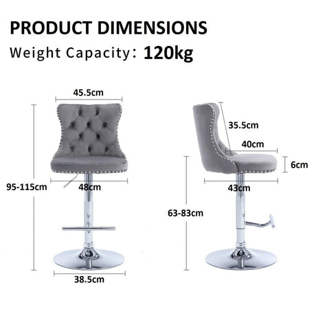 Side profile of SERENITa grey velvet bar stool showing chrome base — Allure Home Collections