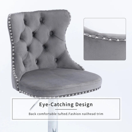 SERENITa grey velvet bar stool seat close-up showing tufted upholstery — Allure Home Collections