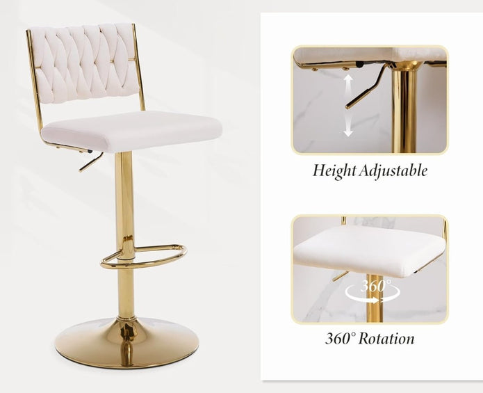 Pair of SERENITa white velvet gold leg bar stools in styled kitchen — Allure Home Collections