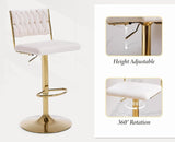 Pair of SERENITa white velvet gold leg bar stools in styled kitchen — Allure Home Collections