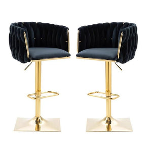 Anderson black velvet swivel bar stools pair with woven backrest and golden base