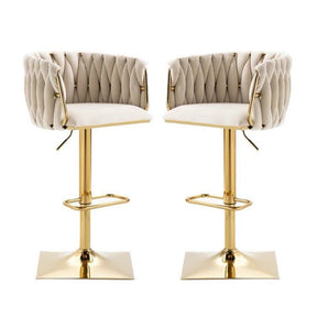 Anderson ivory velvet swivel bar stools pair with woven back and golden base