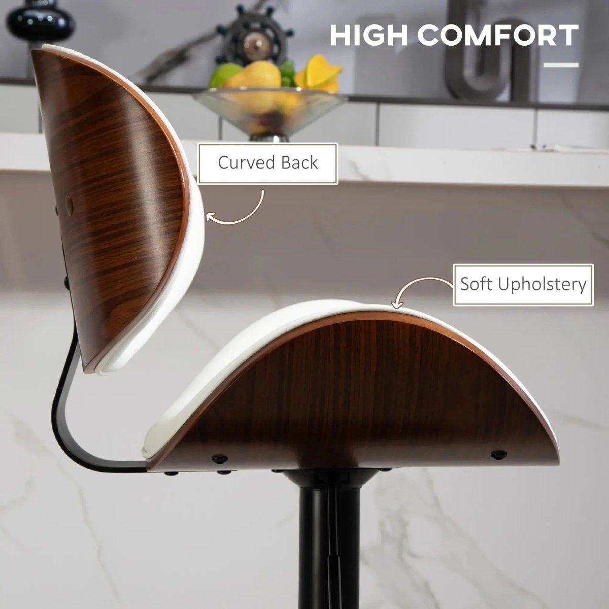 Side profile of SERENITa white swivel bar stool showing robust iron base — Allure Home Collections