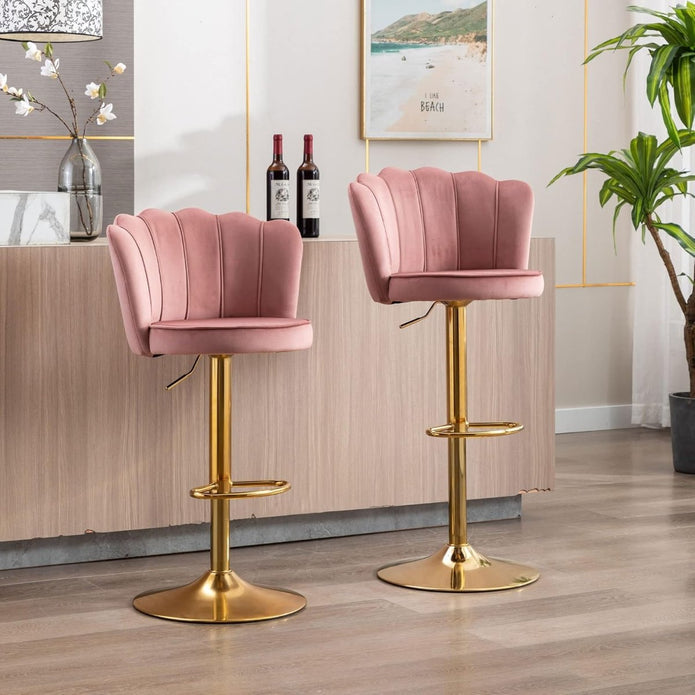 SERENITa pink velvet bar stool gold base and backrest detail — Allure Home Collections