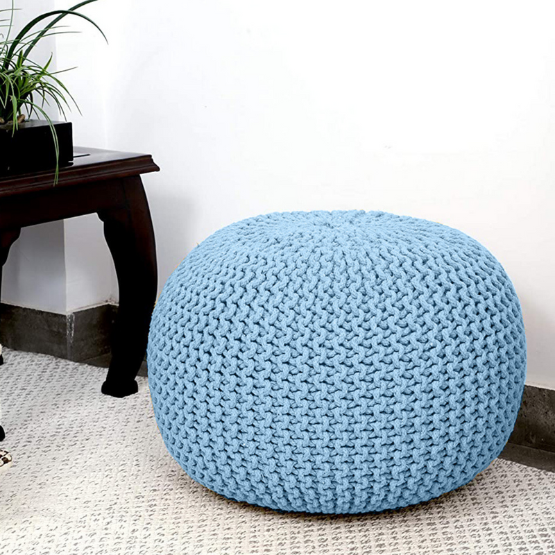Hand-Knitted Braided Cotton Pouffe Round Floor Cushion Blue Blush Pink or Grey — Allure Home Collections