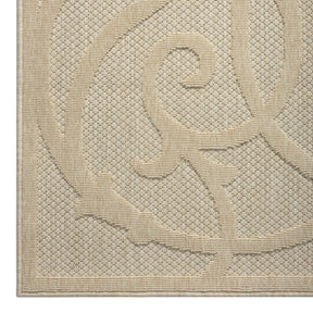 Balkh cream indoor outdoor rug with traditional pattern on a covered patio