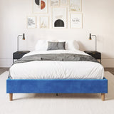 Velvet blue double bed frame with black steel frame — full front view — Allure Home Collections
