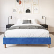 Velvet blue queen bed frame with black steel main frame — full front view — Allure Home Collections