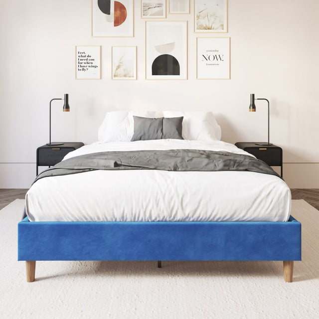 Velvet blue queen bed frame with black steel main frame — full front view — Allure Home Collections