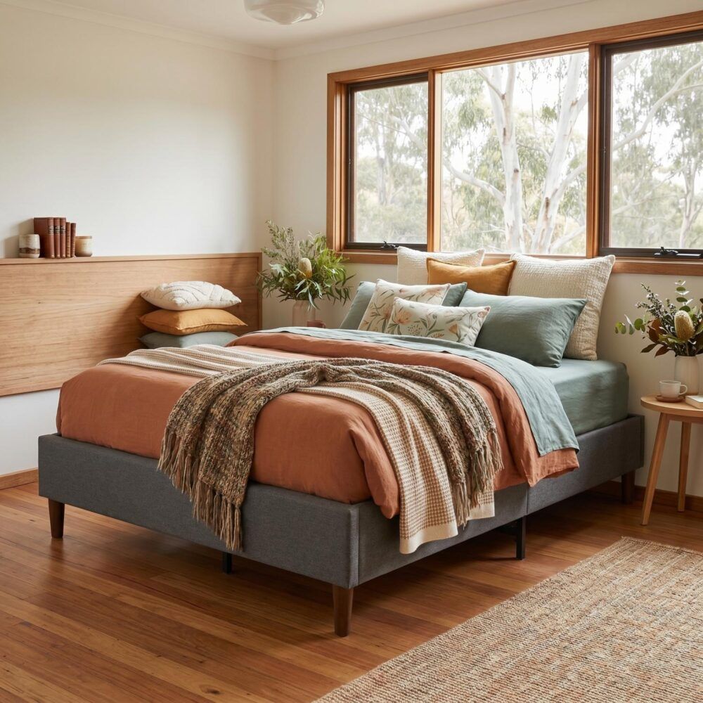 Tuscania Dark Grey Queen bed frame in a modern bedroom