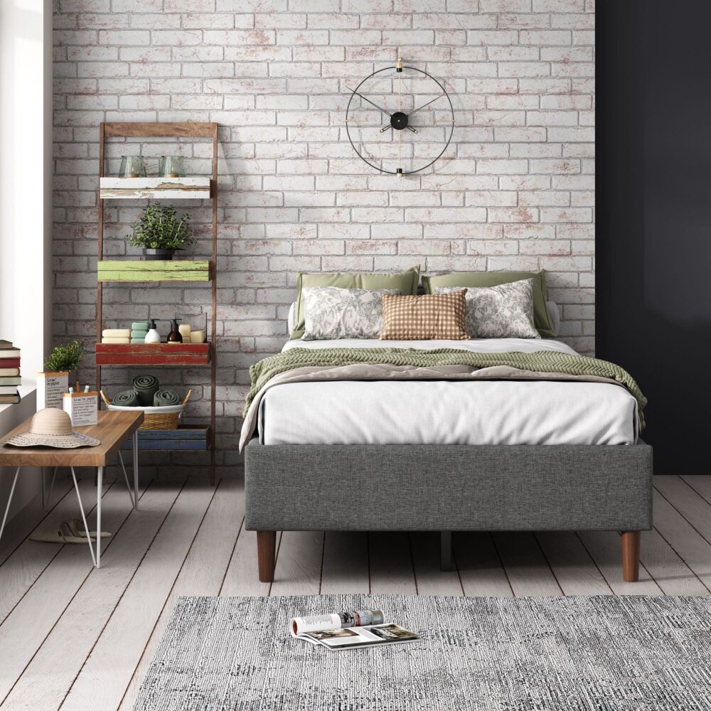 Dark grey queen bed frame styled in contemporary bedroom — Allure Home Collections