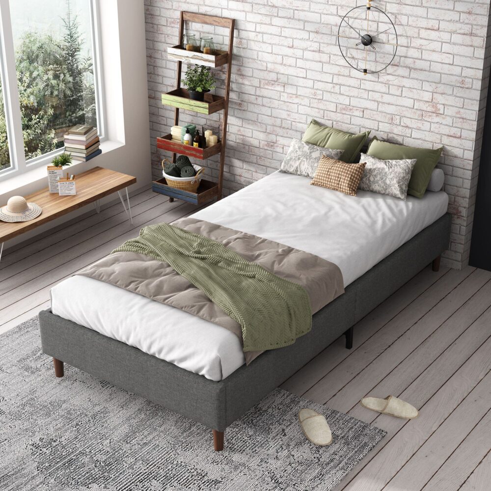 Dark grey queen bed frame from foot end — Allure Home Collections